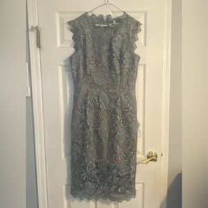 NWT Dress the Population Light blue lace over tan cocktail dress